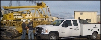 Two crane service technicians standing by a crane and a truck
